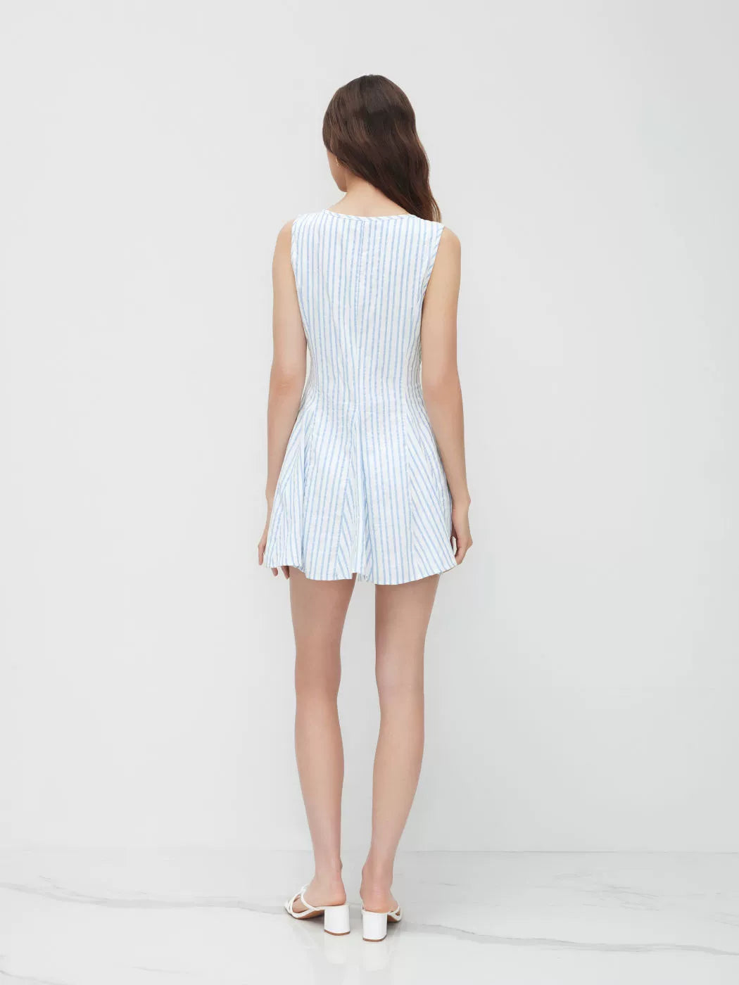 Cotton-Blend Striped Lace-Up Front Pleated Mini Dress