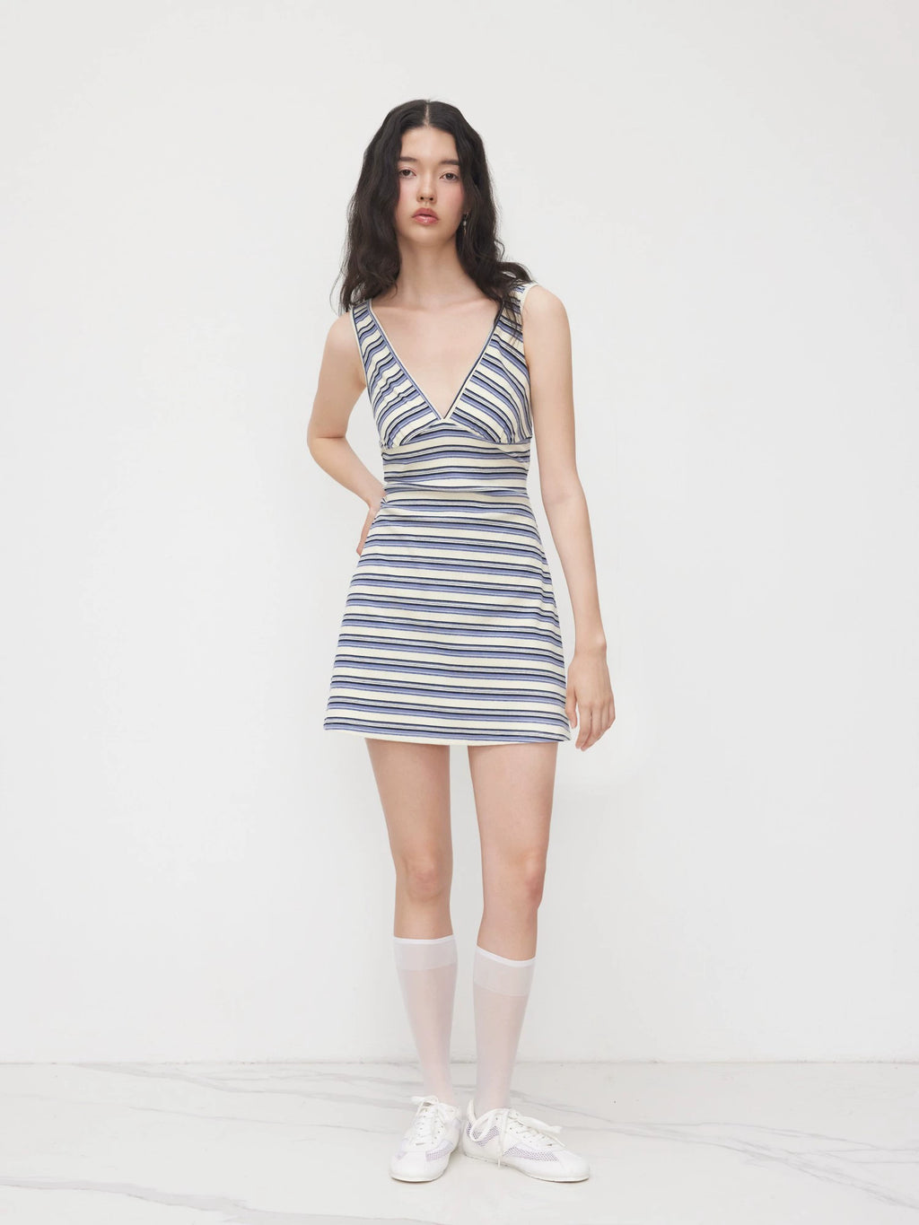 Cotton-Blend V-Neck Striped Cropped Slip Dress