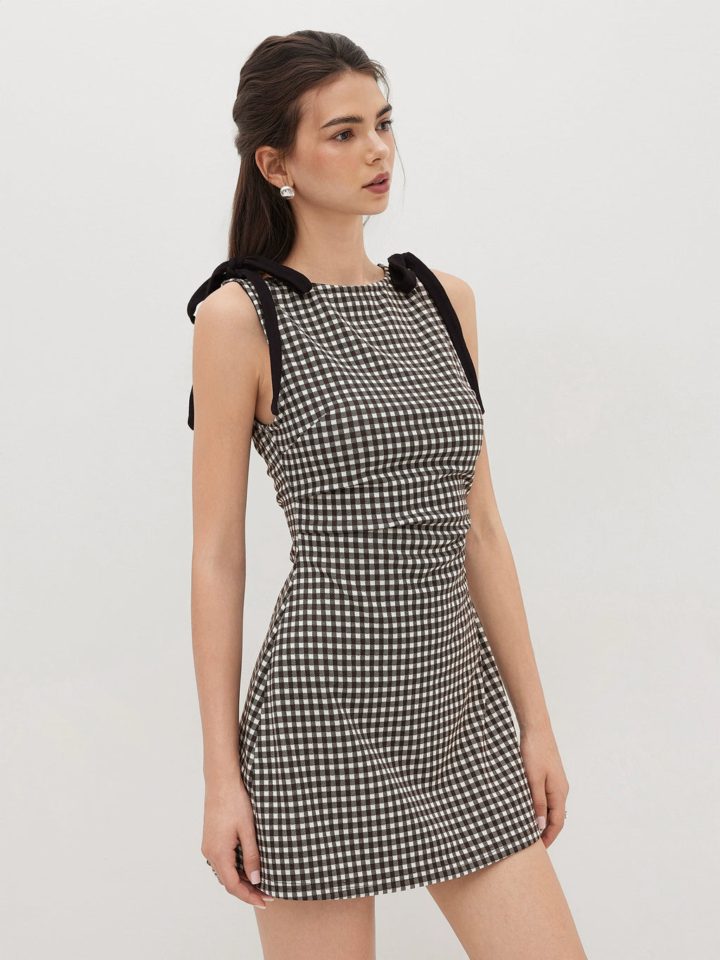 Plaid Dress Short Bow Pleated Crew Neck Design Sleeveless Vest Dress