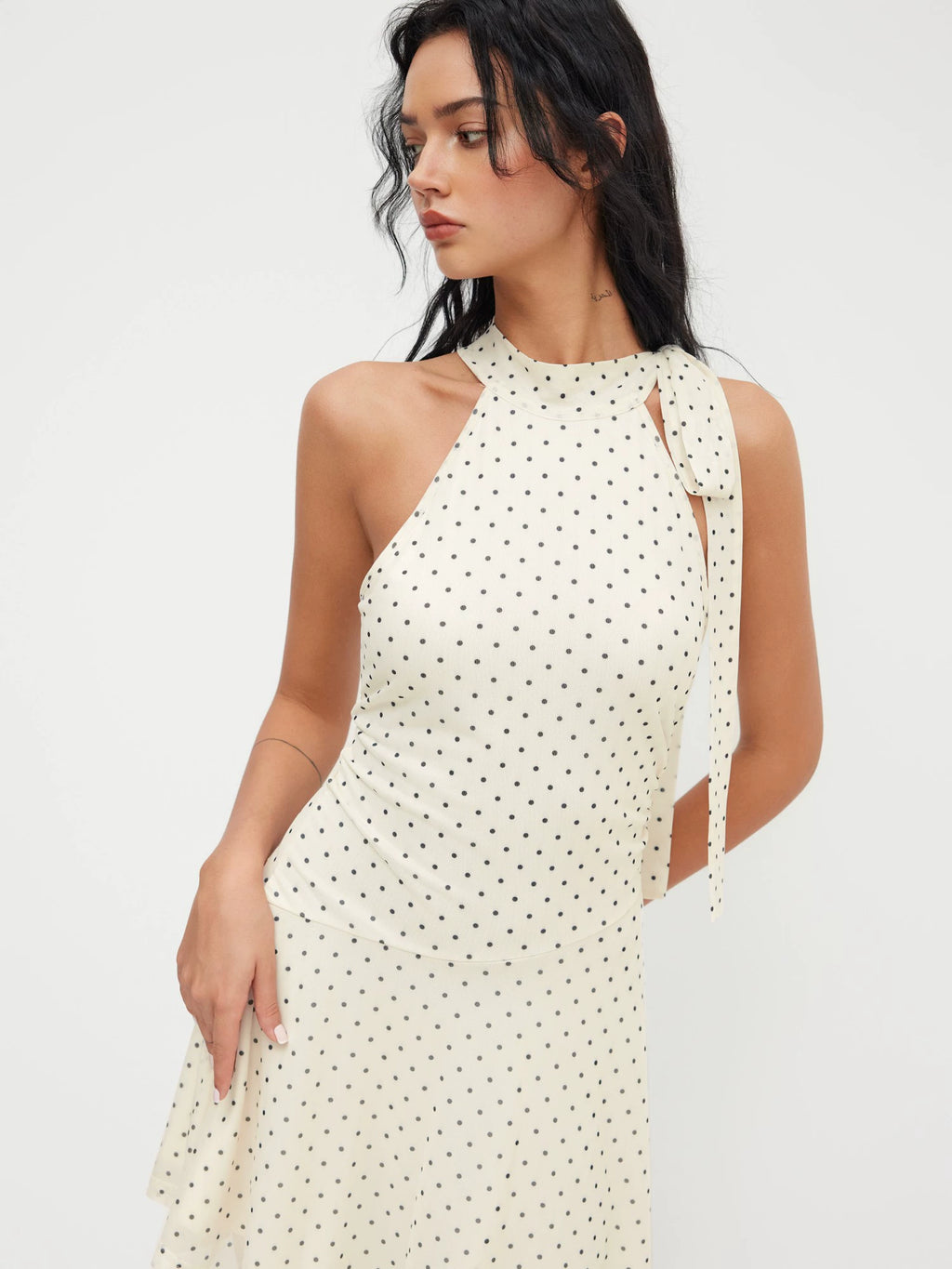 Halterneck Polka Dot Pleated Ruffled Mini Dress