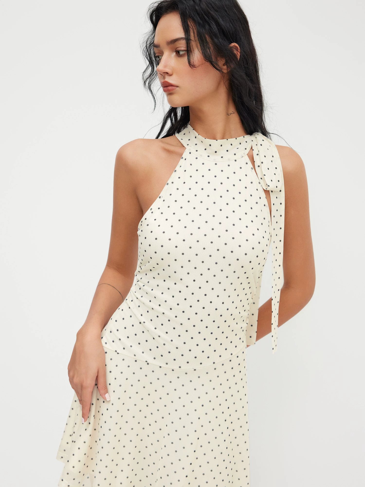 Halterneck Polka Dot Pleated Ruffled Mini Dress