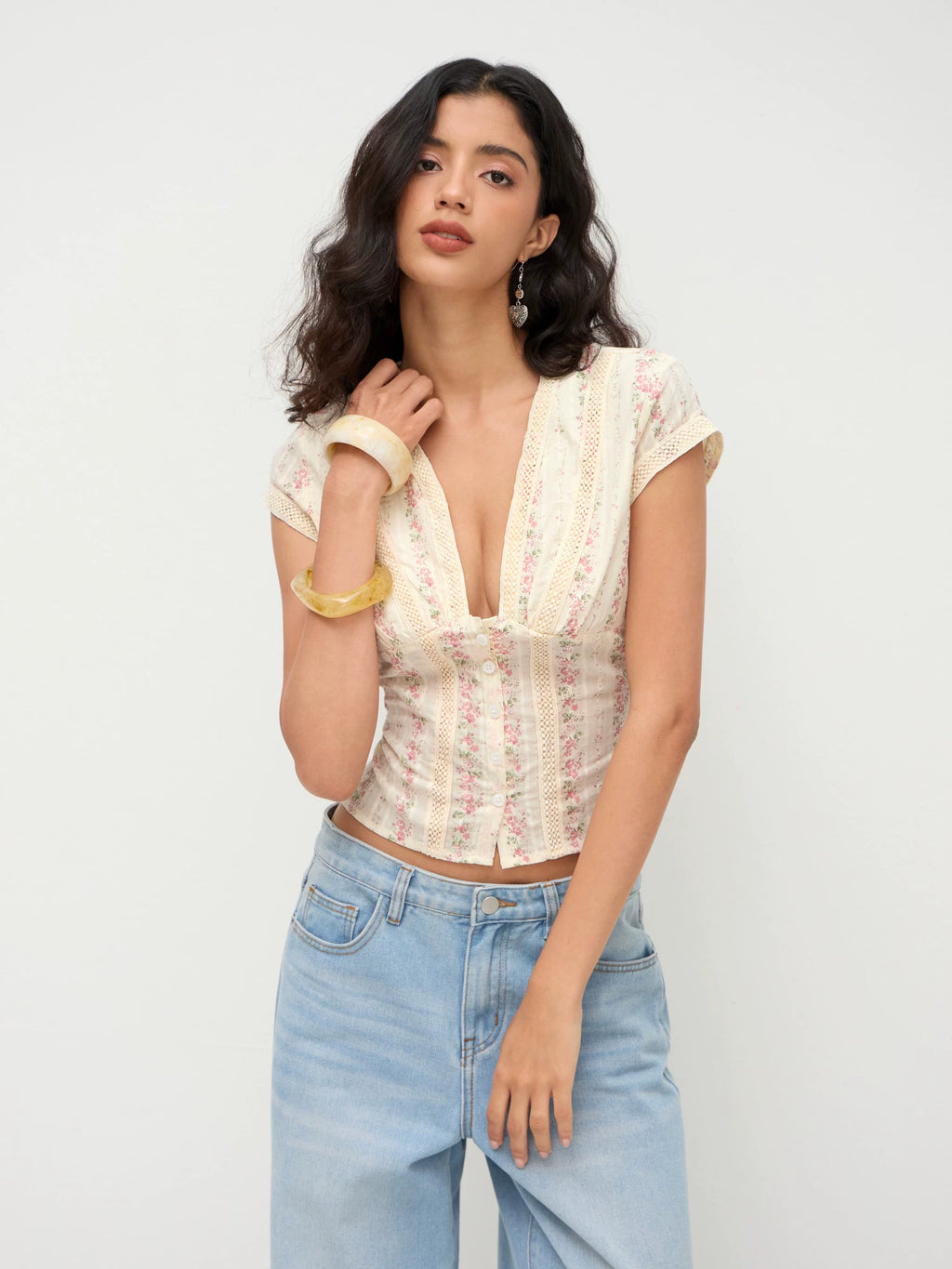 Cotton V-neck cropped shirt floral short-sleeved shirt