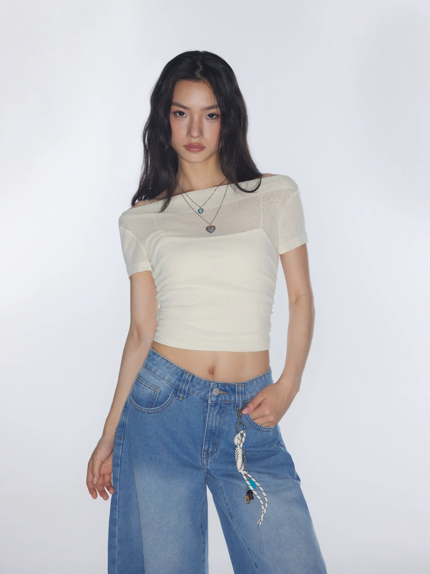 Shoulder Pleated Short-sleeved T-shirt Solid Color Slim-fit Sling Short One-line Collar Short-sleeved Top