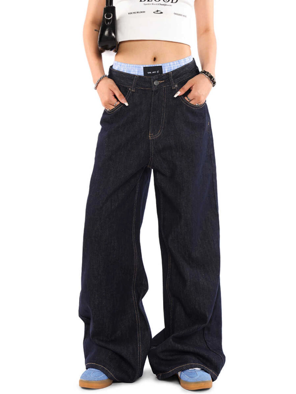Dark Blue Wide Leg Jeans Men's and Women's Loose American Washed Denim Sagging Straight Leg Pants