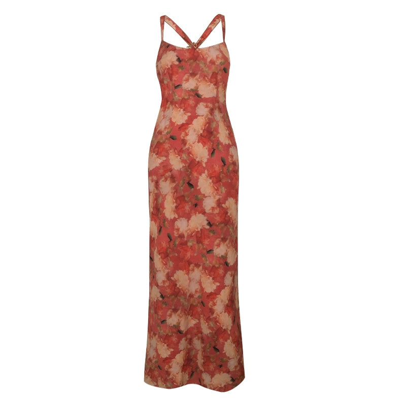 VINTAGE RED FLORAL DRESS WOMEN'S SUMMER SEXY HALTERNECK SLIP DRESS SEASIDE BACKLESS HOLIDAY DRESS