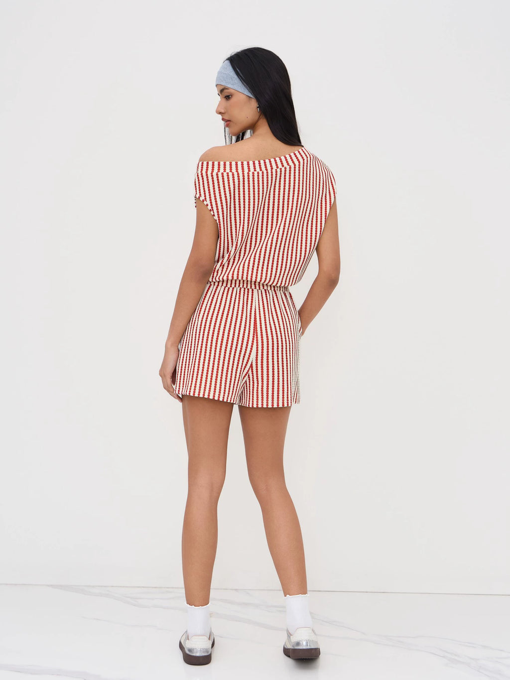Asymmetrical Neckline Design Striped Lace-up One Piece Shorts