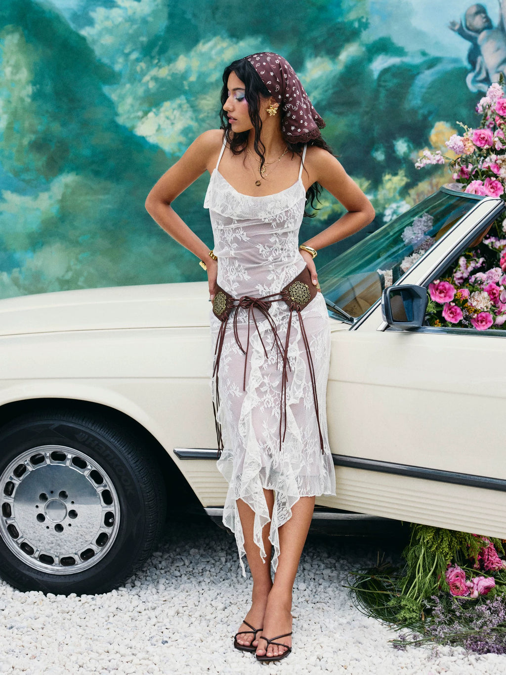 Lace V-Neck Floral Ruffled Skirt Maxi