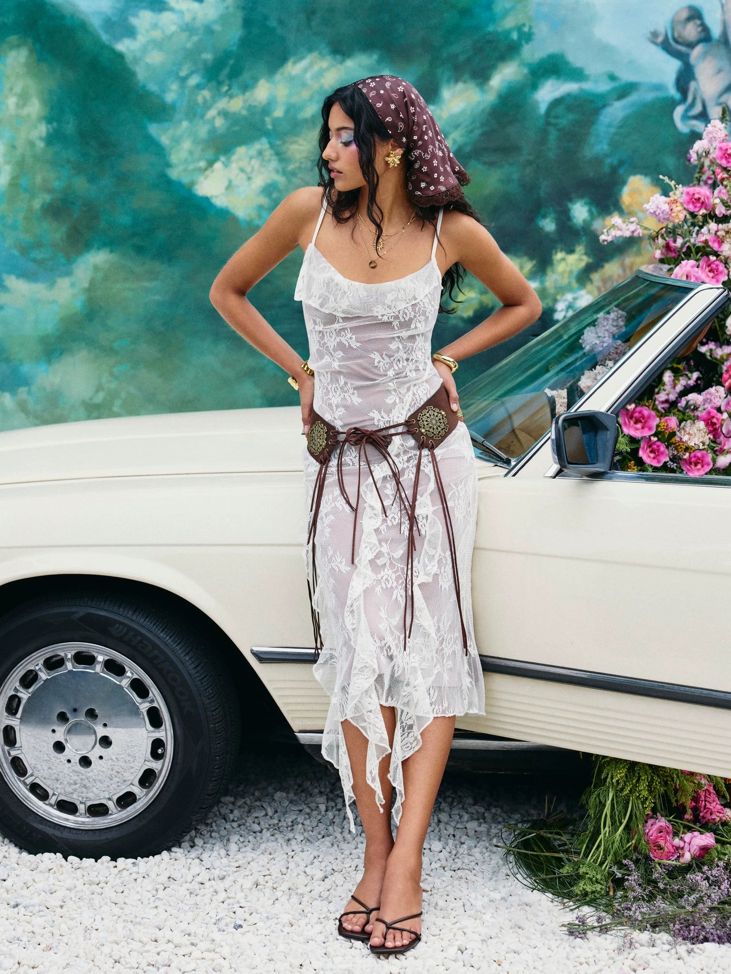 Lace V-Neck Floral Ruffled Skirt Maxi