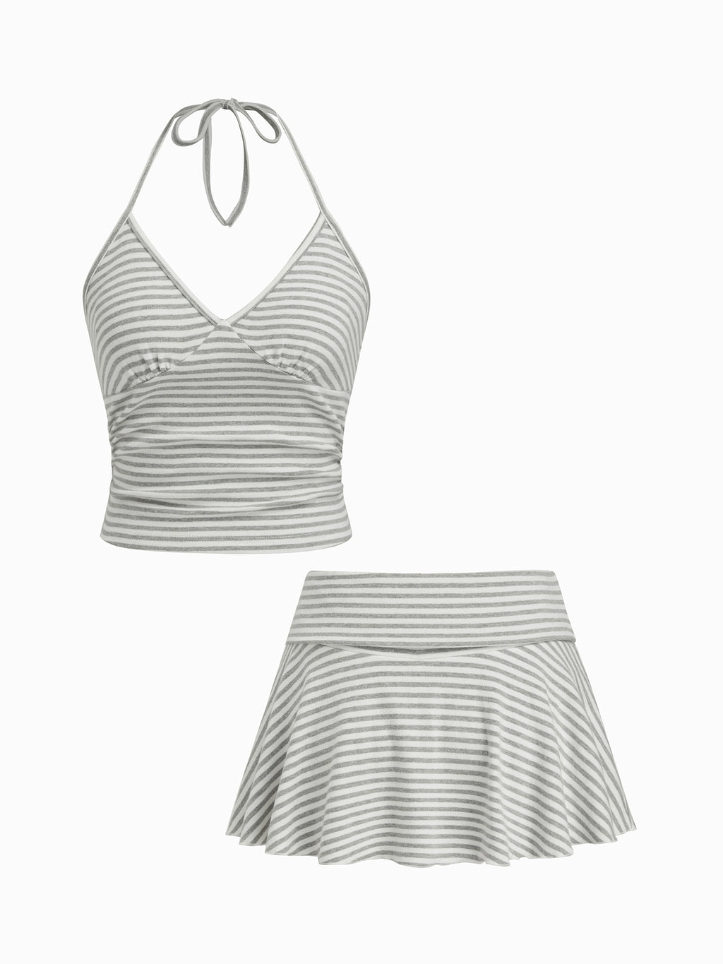 cotton-blend halterneck striped cropped top with low-rise ruffled skirt set