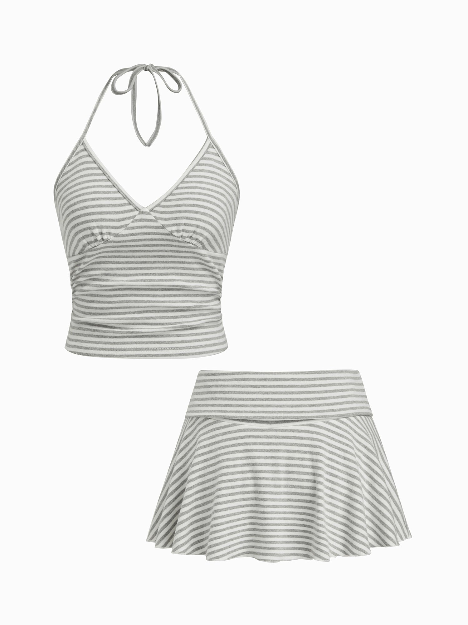 cotton-blend halterneck striped cropped top with low-rise ruffled skirt set