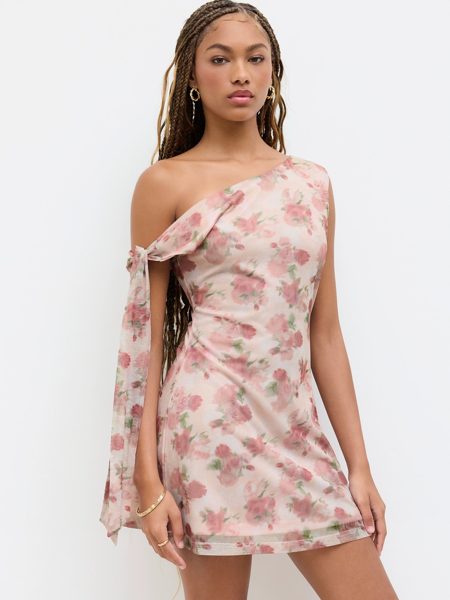 Floral Lace-up Asymmetrical Neckline Mini Dress