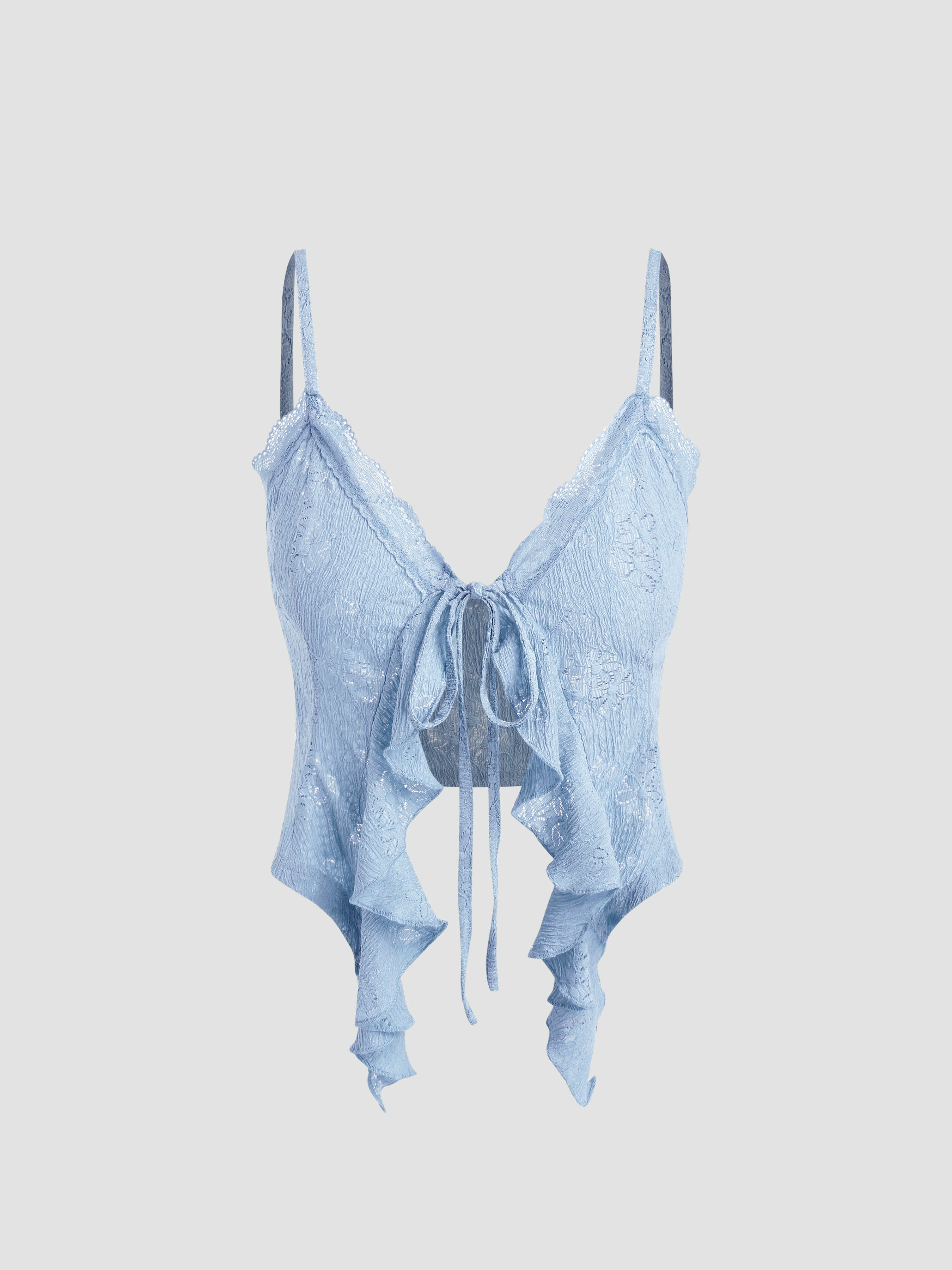 lace-up ruffled short knitted top