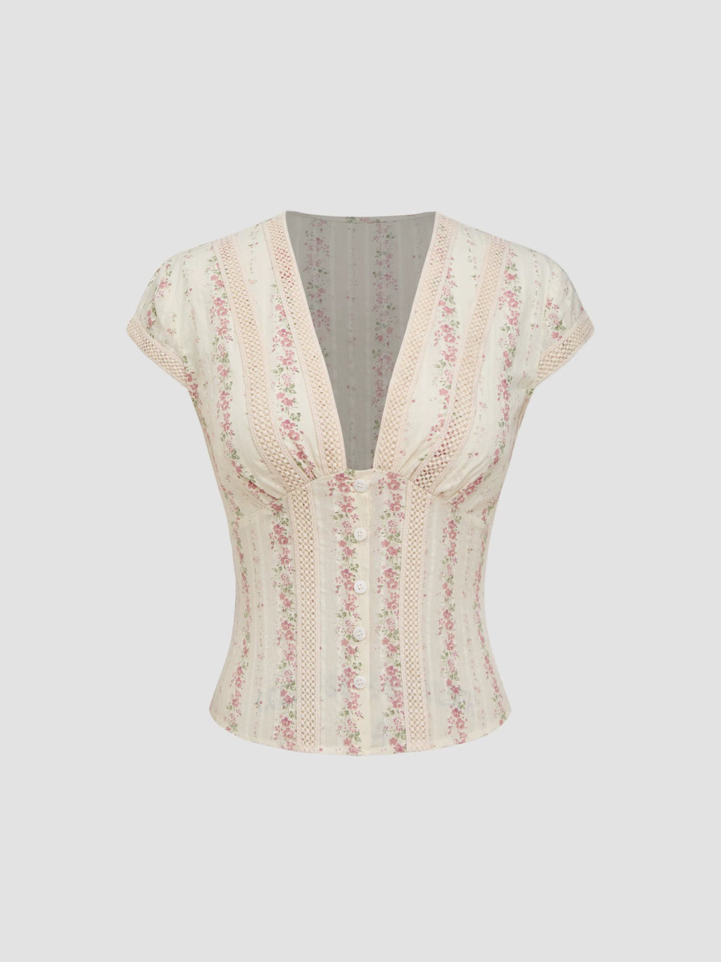 Cotton V-neck cropped shirt floral short-sleeved shirt