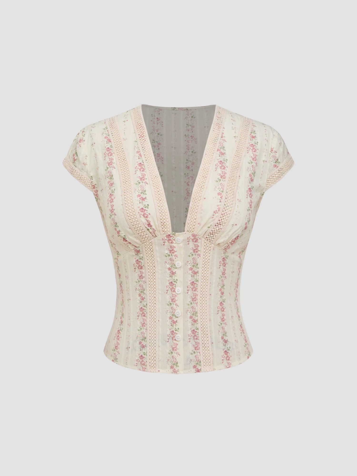 Cotton V-neck cropped shirt floral short-sleeved shirt