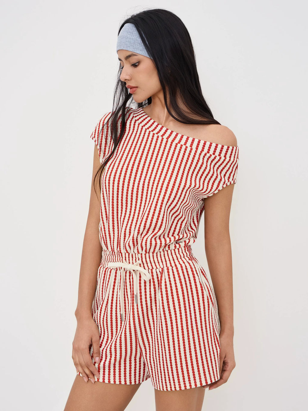 Asymmetrical Neckline Design Striped Lace-up One Piece Shorts