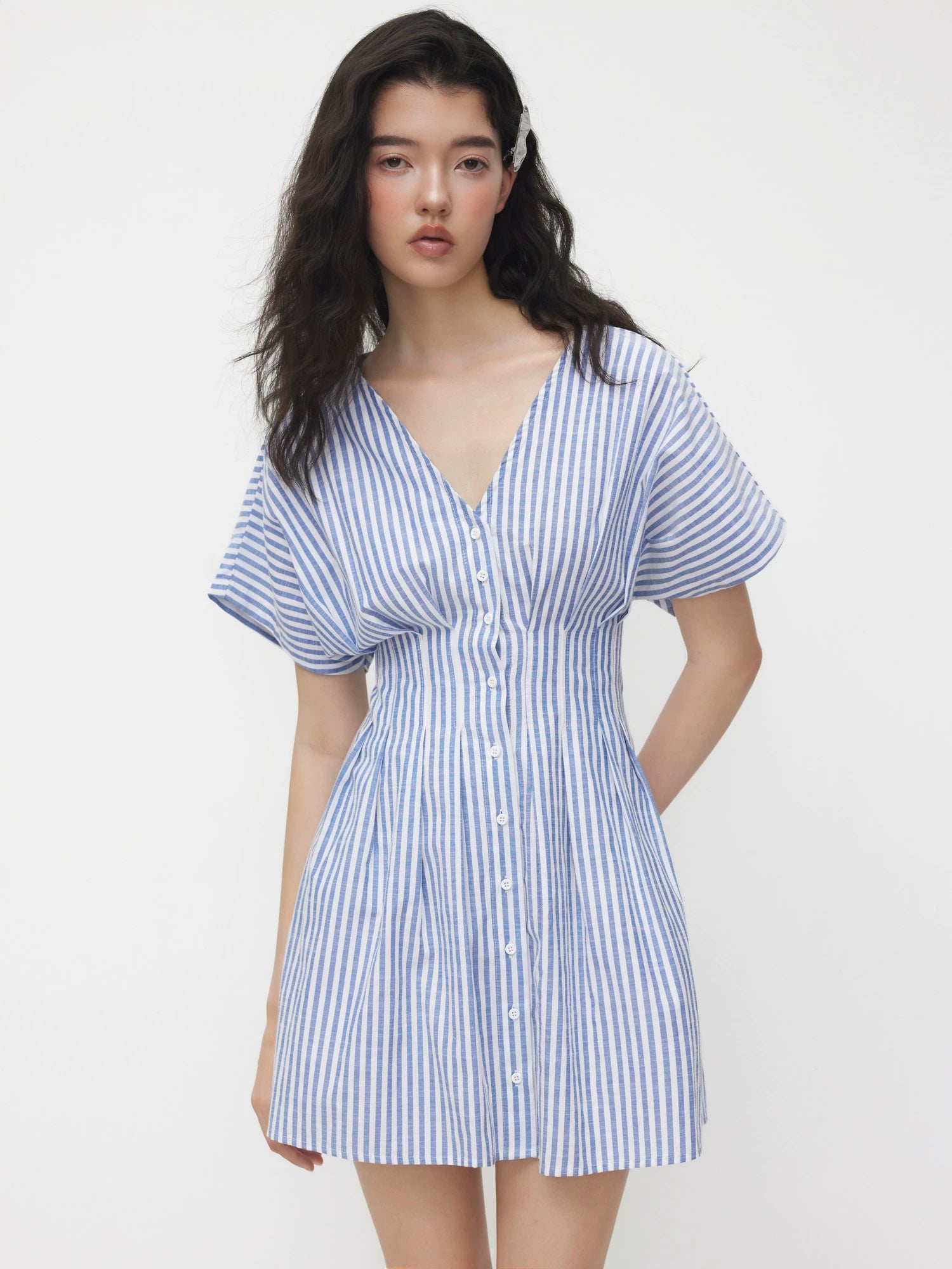Cotton-Blend V-Neck Striped Waist Cropped Shirt Dress