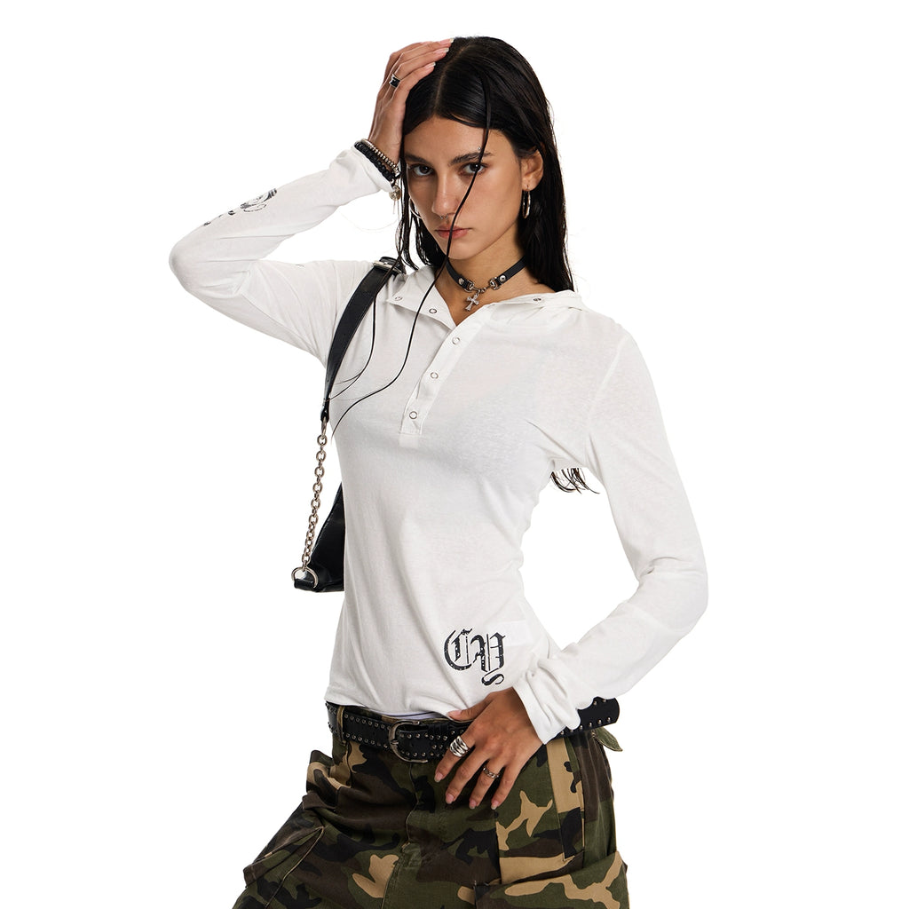 gothic sun protection smock women's summer american punk long sleeve hooded t-shirt slim fit tulle top