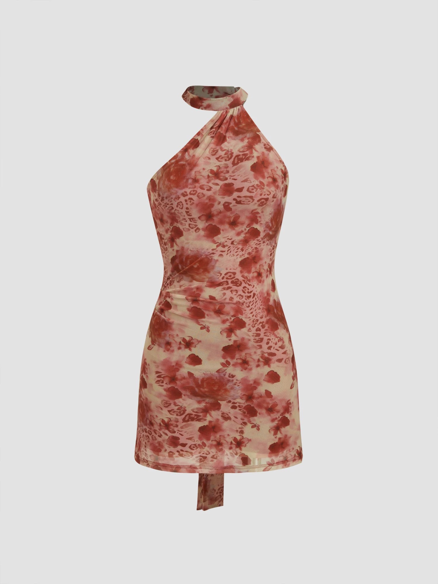 Openwork Halterneck Floral Leopard Print Backless Mini Dress