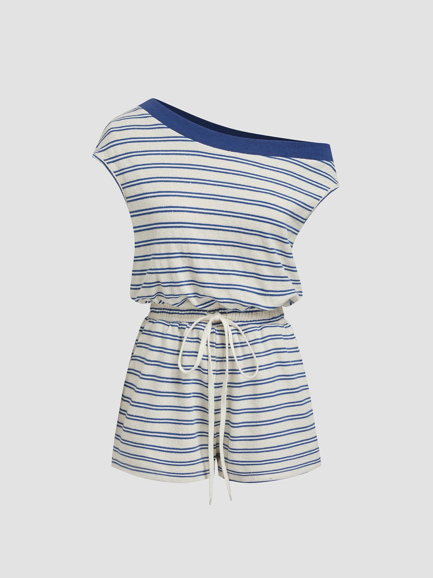 Contrast Drawstring Cotton-Blend Asymmetrical Collar Striped Jumpsuit