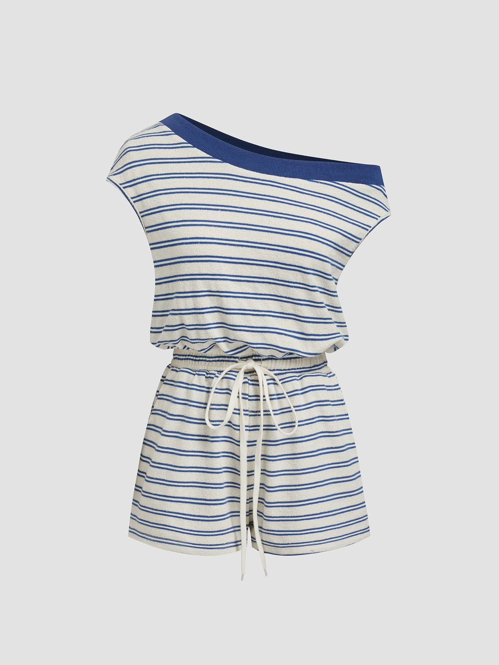 Contrast Drawstring Cotton-Blend Asymmetrical Collar Striped Jumpsuit