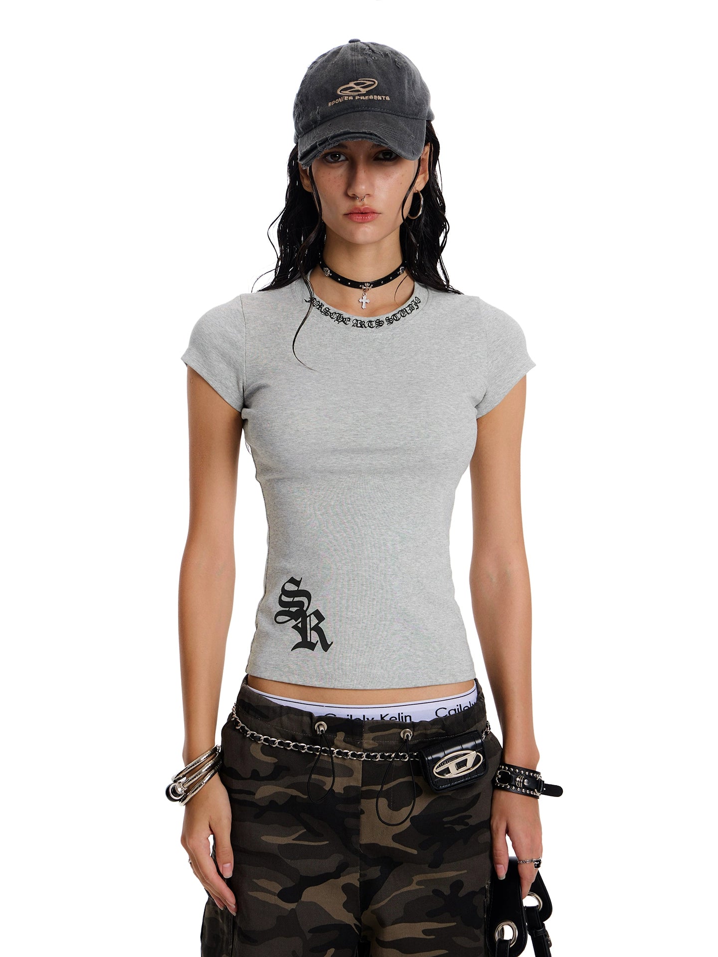 Gothic slim American shoulder T-shirt American retro fashion brand slim hot girl short sleeve top