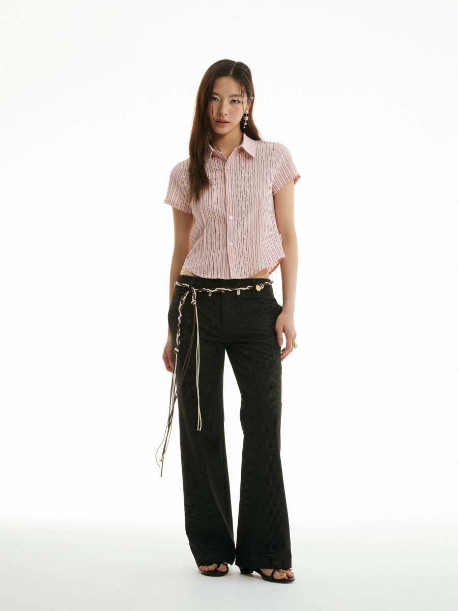 Retro Chic 90S y2k Babes Slim Waist Straight Shoulder Lotus Pink Contrast Striped Short Sleeve Shirt