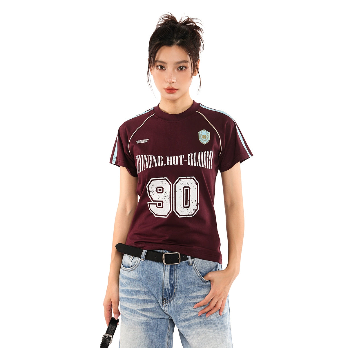 vintage blokette striped sports short sleeve jersey t-shirt women's summer american babes top tide