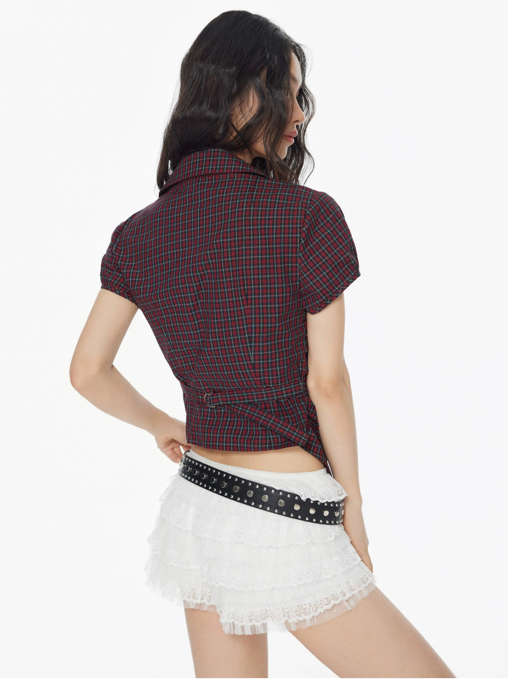 Star matching cotton American vintage plaid V-neck waist shirt