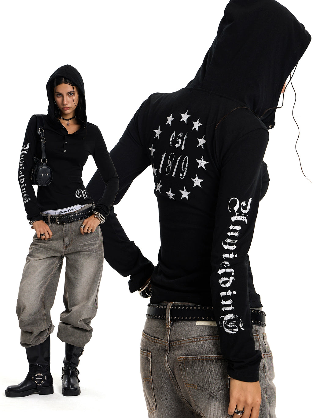 gothic sun protection smock women's summer american punk long sleeve hooded t-shirt slim fit tulle top