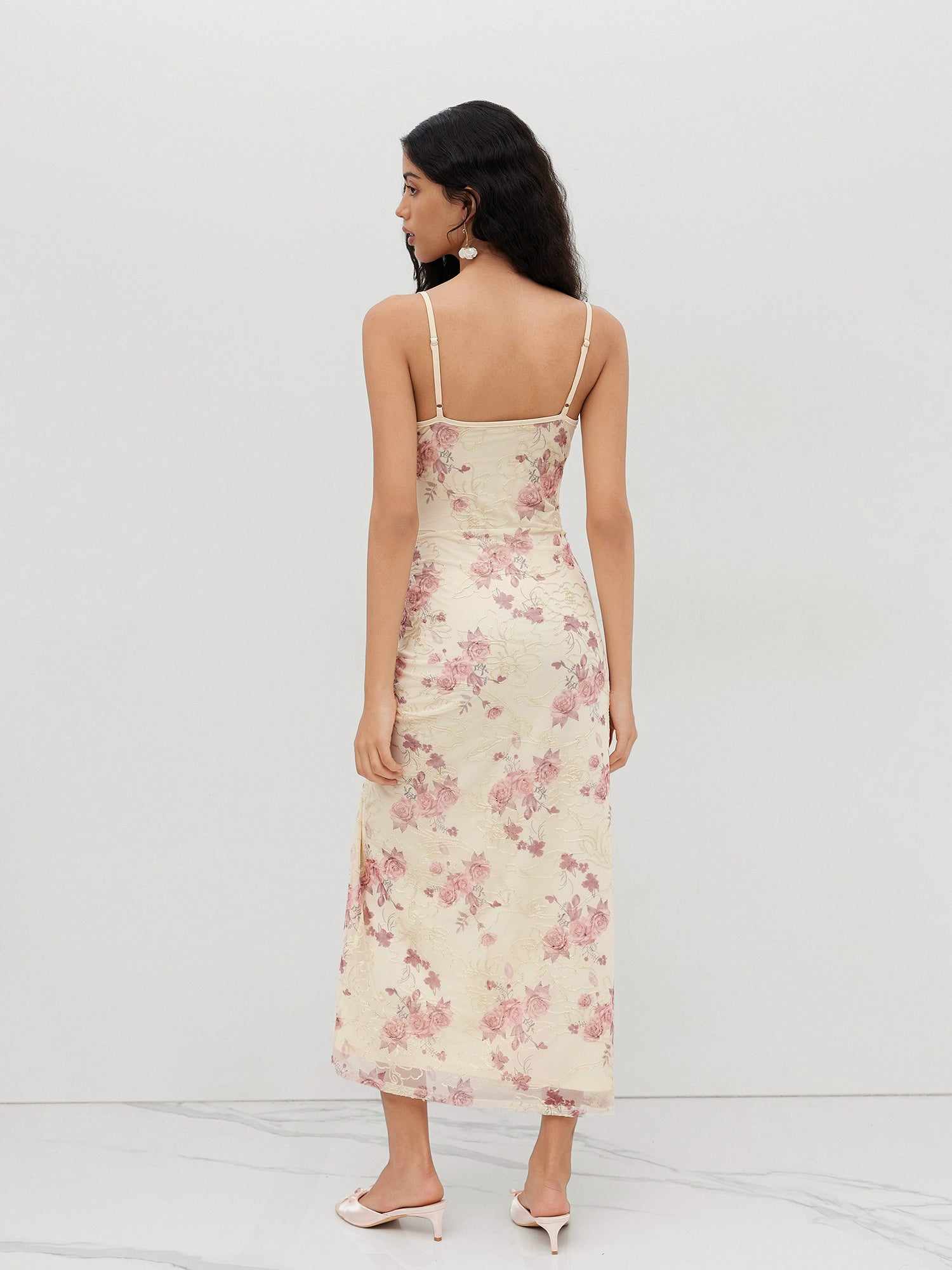 Floral Drawstring Mesh Bandeau Pleated Long Slip Dress