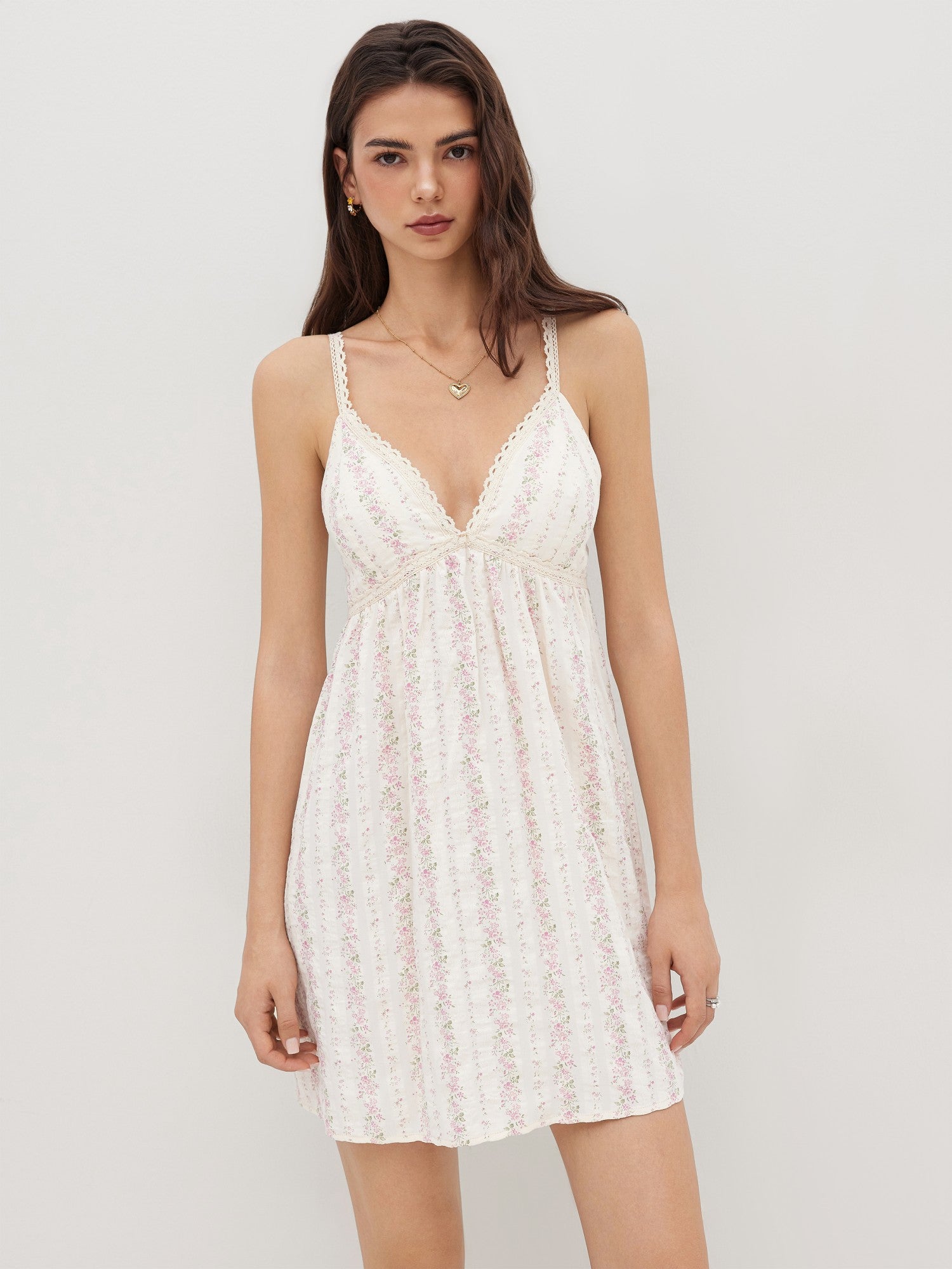 Cotton-Blend French Floral V-Neck Design Midi Length Slip Dress