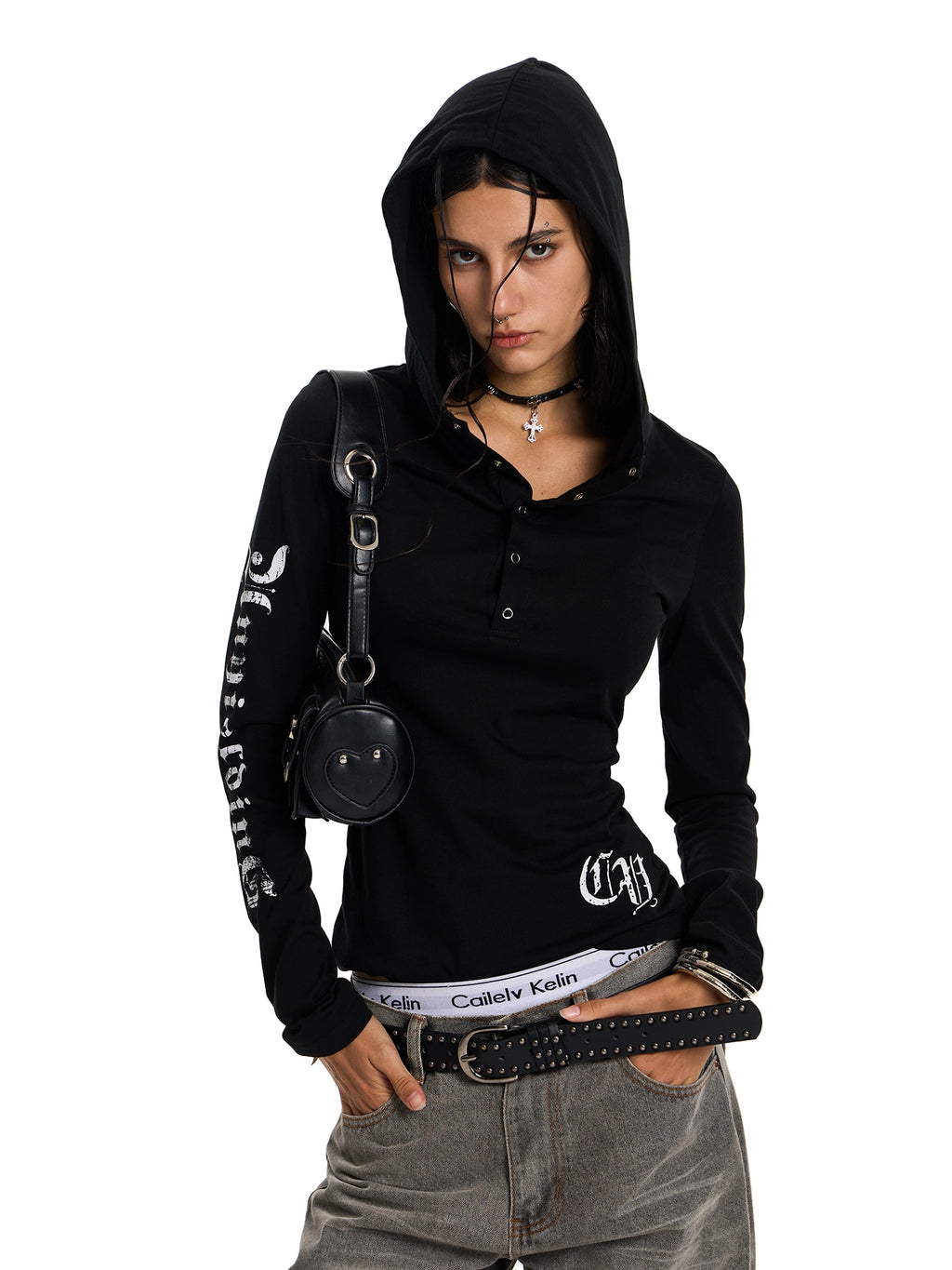 gothic sun protection smock women's summer american punk long sleeve hooded t-shirt slim fit tulle top