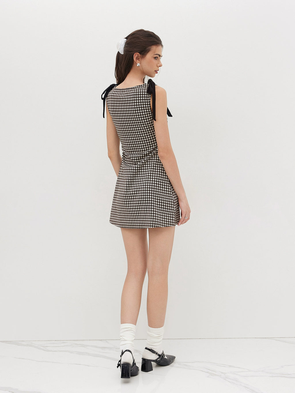 Plaid Dress Short Bow Pleated Crew Neck Design Sleeveless Vest Dress