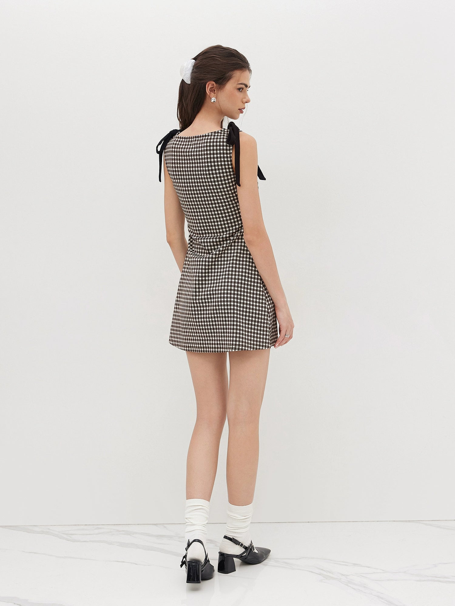 Plaid Dress Short Bow Pleated Crew Neck Design Sleeveless Vest Dress