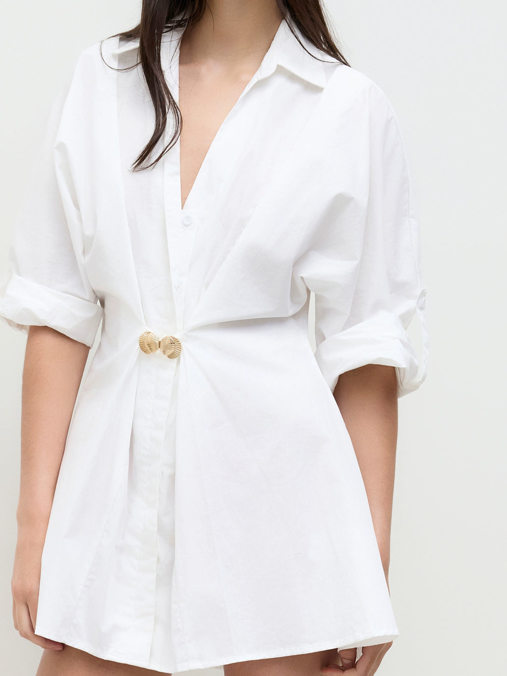 Metallic-Embellished Cotton V-Neck Shirt Dress