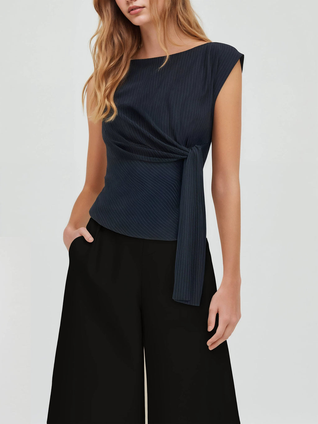 boat-neck striped lace-up loose top