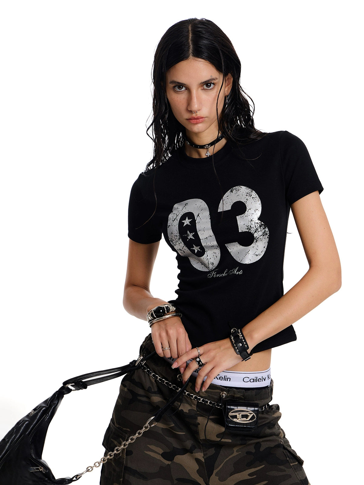 distressed crack letter shoulder t-shirt women's american retro slim fit babes short sleeve top summer