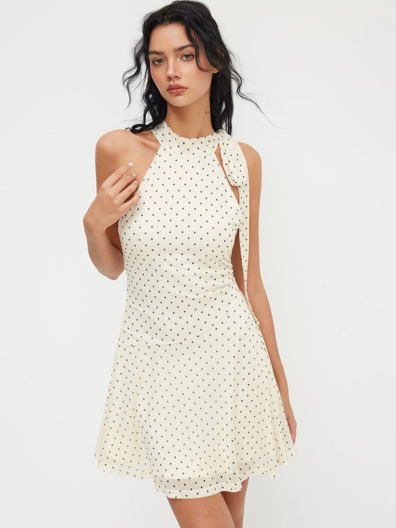 Halterneck Polka Dot Pleated Ruffled Mini Dress