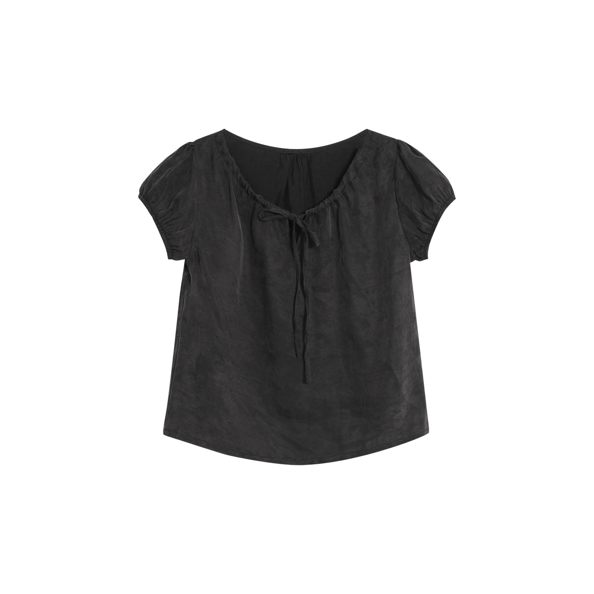Drawstring Neckline Design Elastic Puff Sleeve Smooth Fabric Short Sleeve T-Shirt