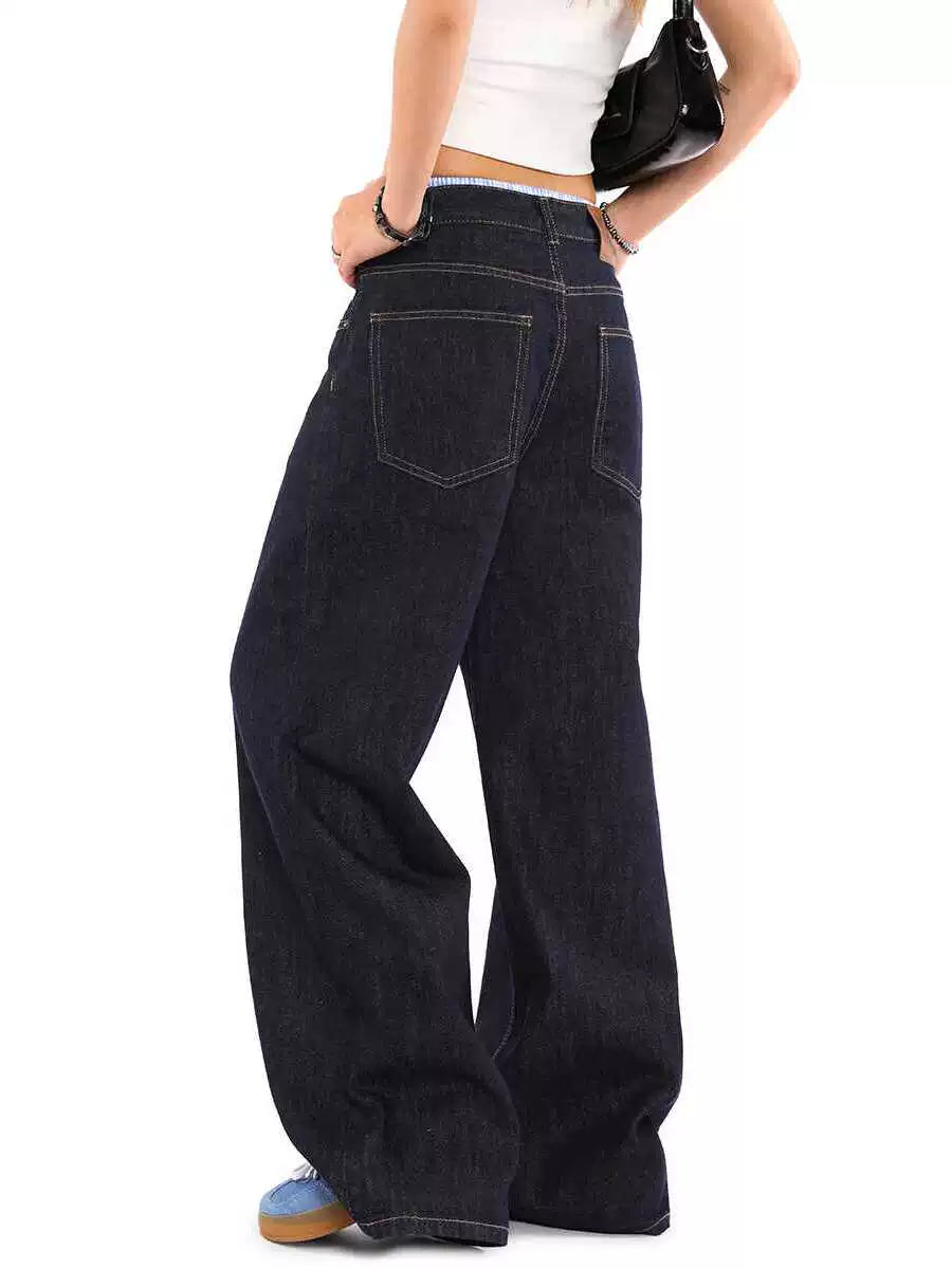 Dark Blue Wide Leg Jeans Men's and Women's Loose American Washed Denim Sagging Straight Leg Pants