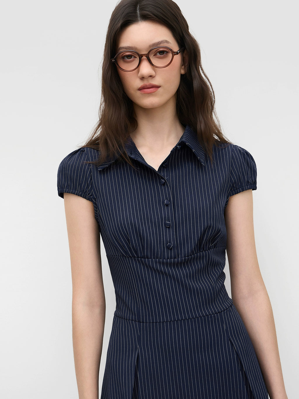 star genuine lapel striped pleated short-sleeved shirt-style cropped dress