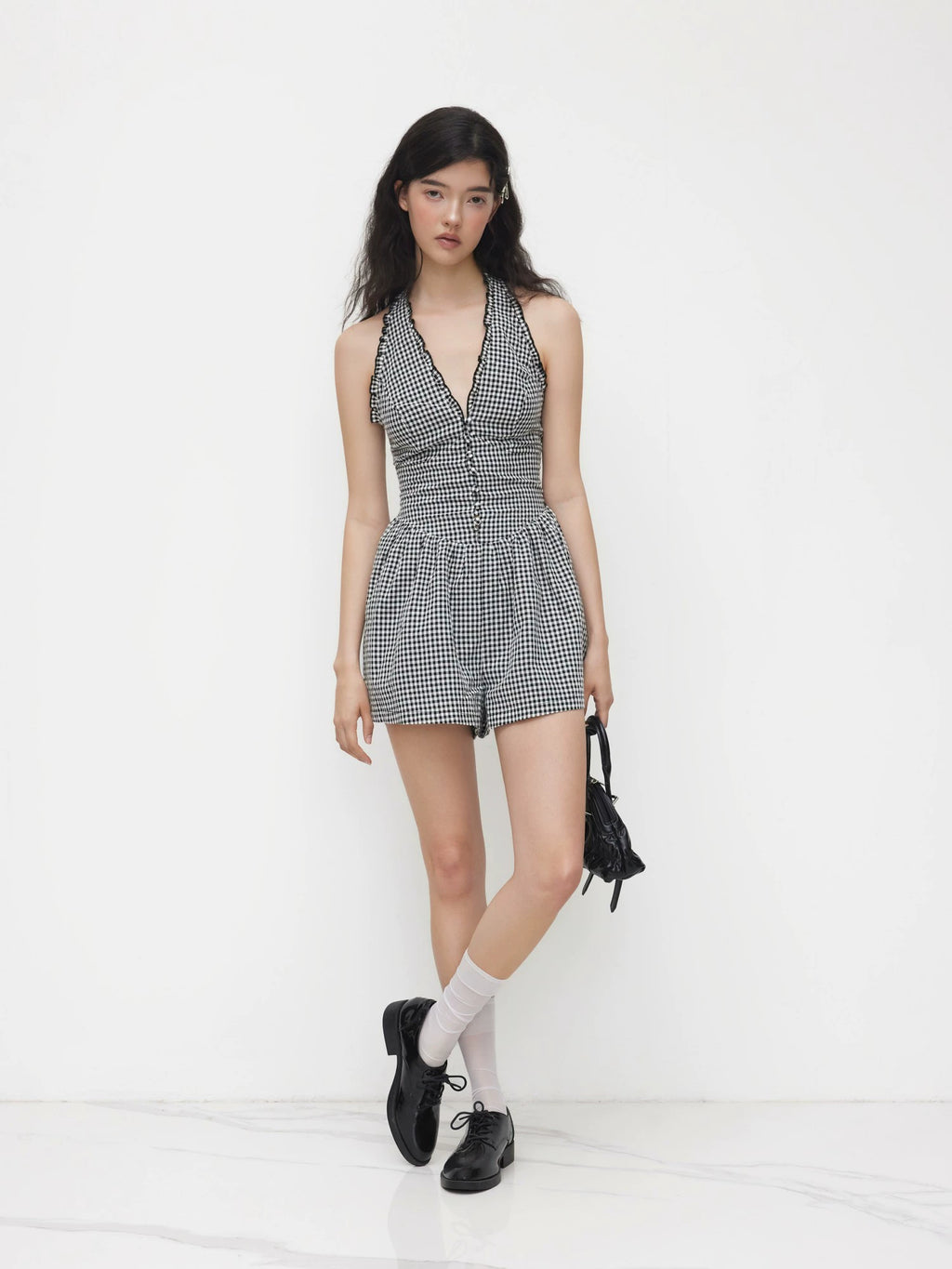 Plaid Halterneck Jumpsuit Shirring Lace-up Fungus Edge Backless Slim Bodysuit Shorts