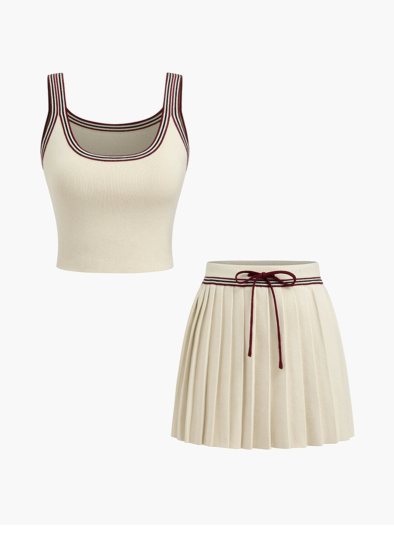 Knitted U-Neck Striped Vest with Mid-Rise Pleated Mini Skirt Set