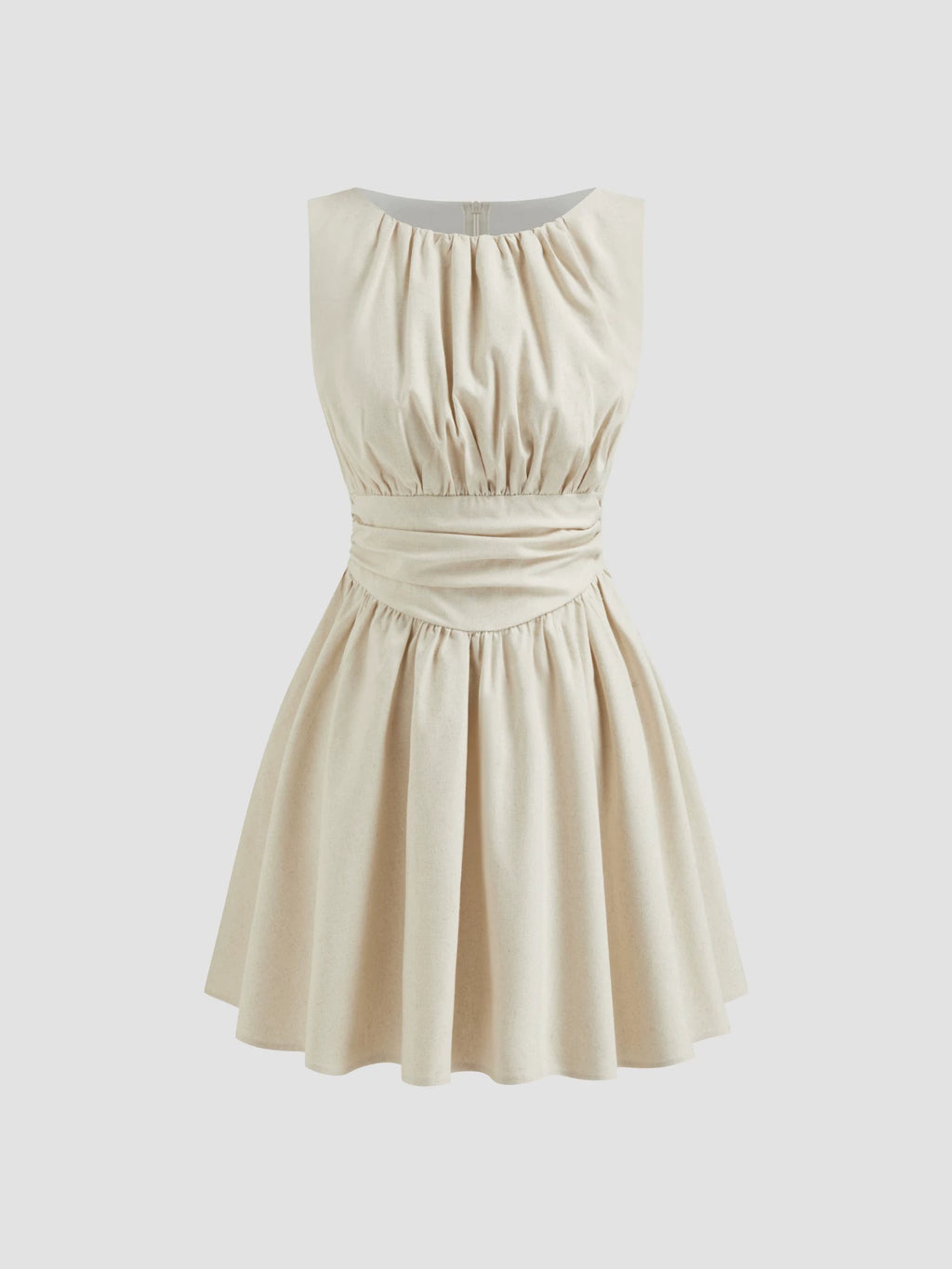 Linen-blend boat neck pleated ruffled dress short