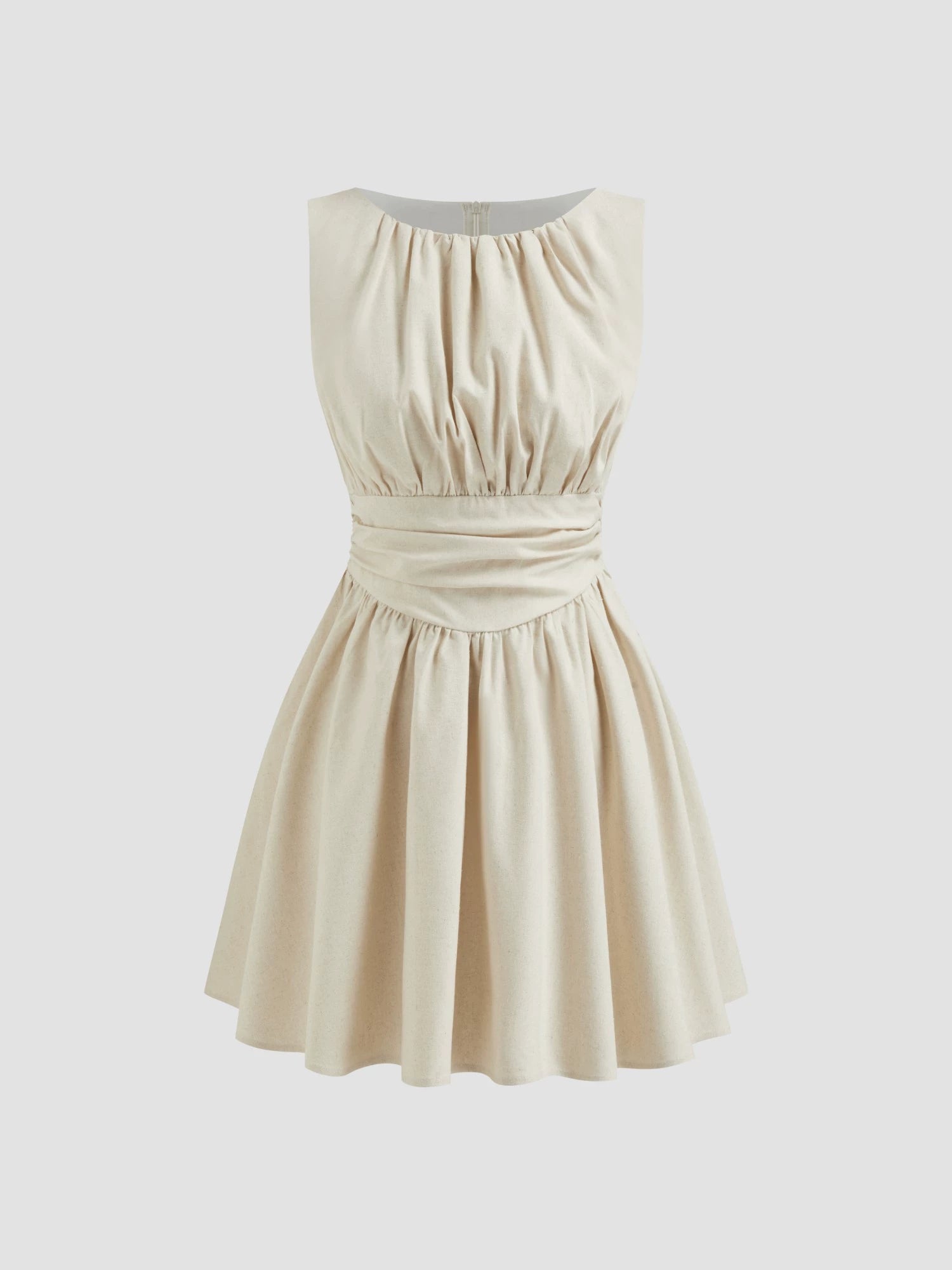Linen-blend boat neck pleated ruffled dress short