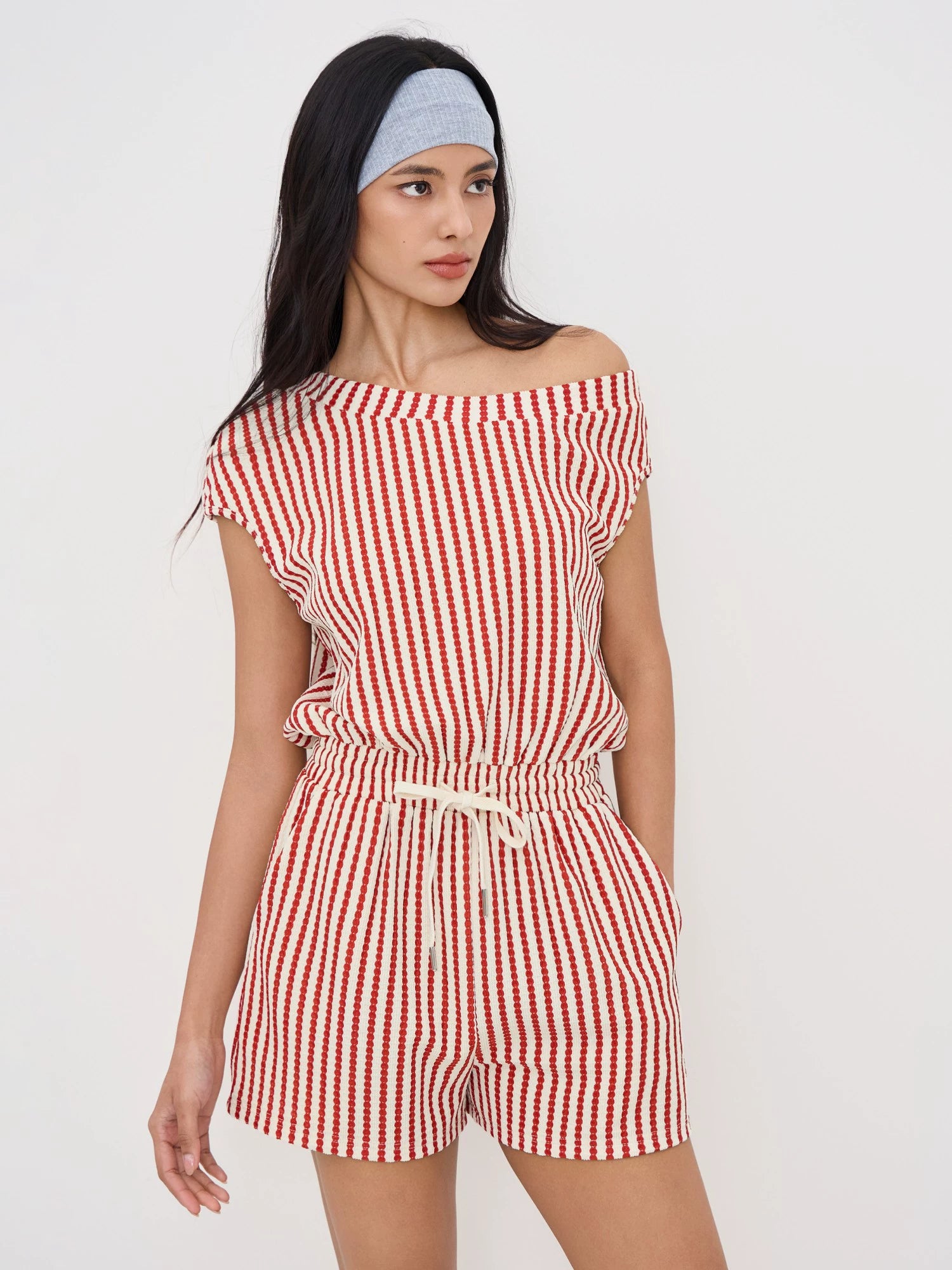 Asymmetrical Neckline Design Striped Lace-up One Piece Shorts