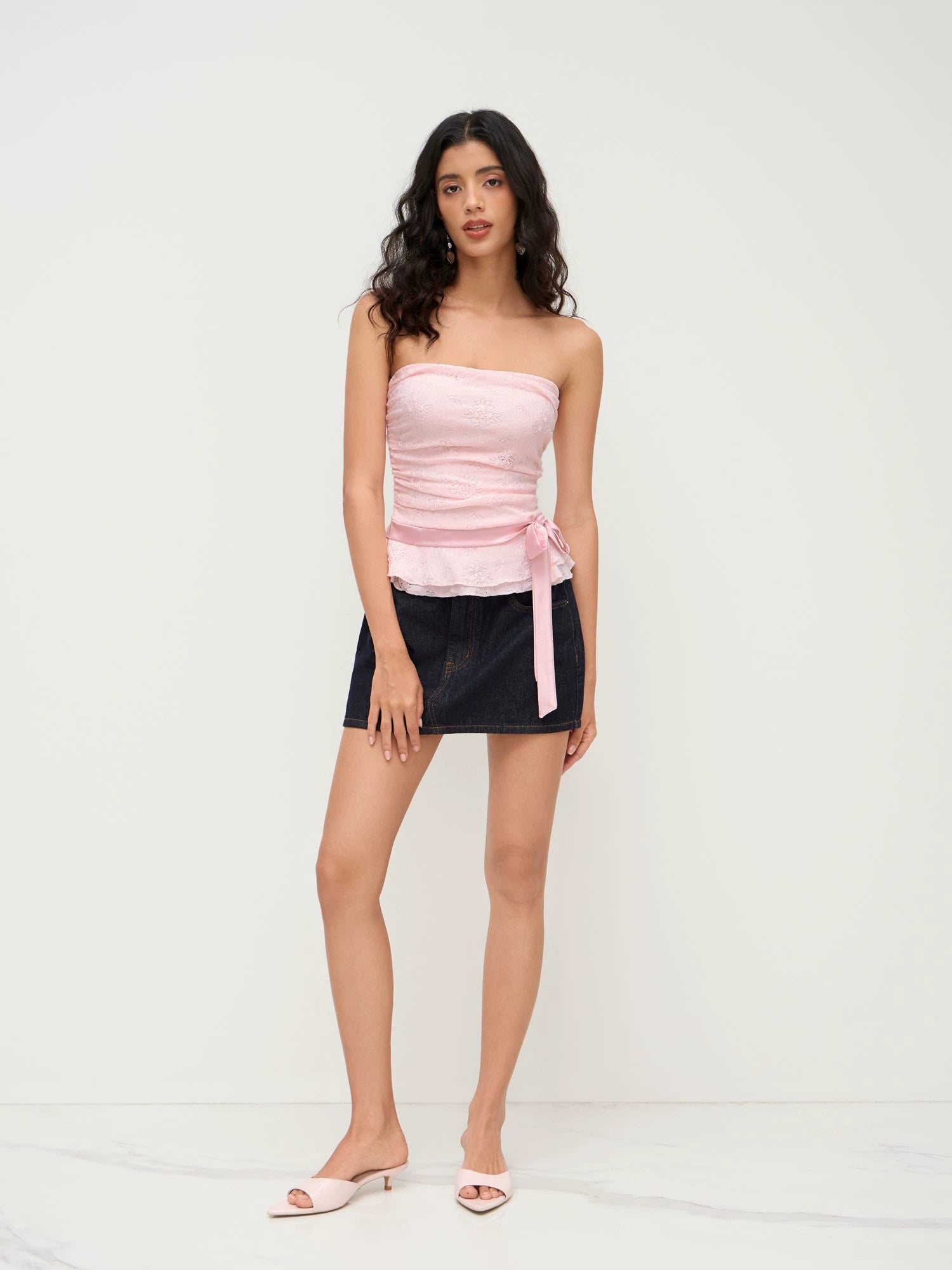 lace ruffled bow drawstring tube top