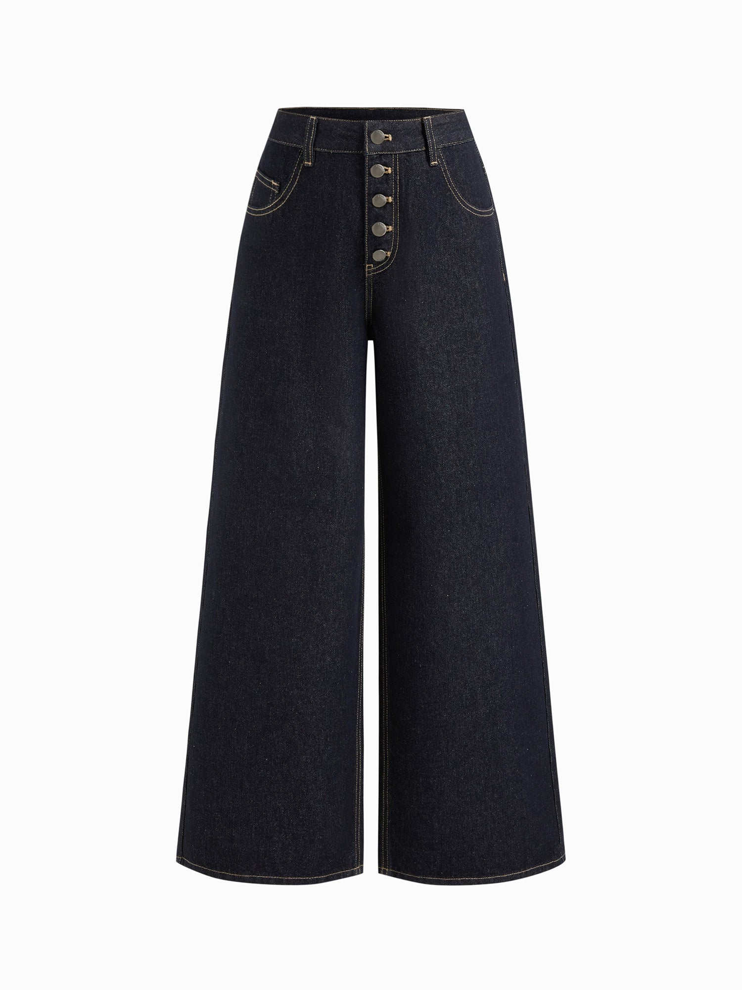 Mid-Rise Buttoned Wide-Leg Denim Pants