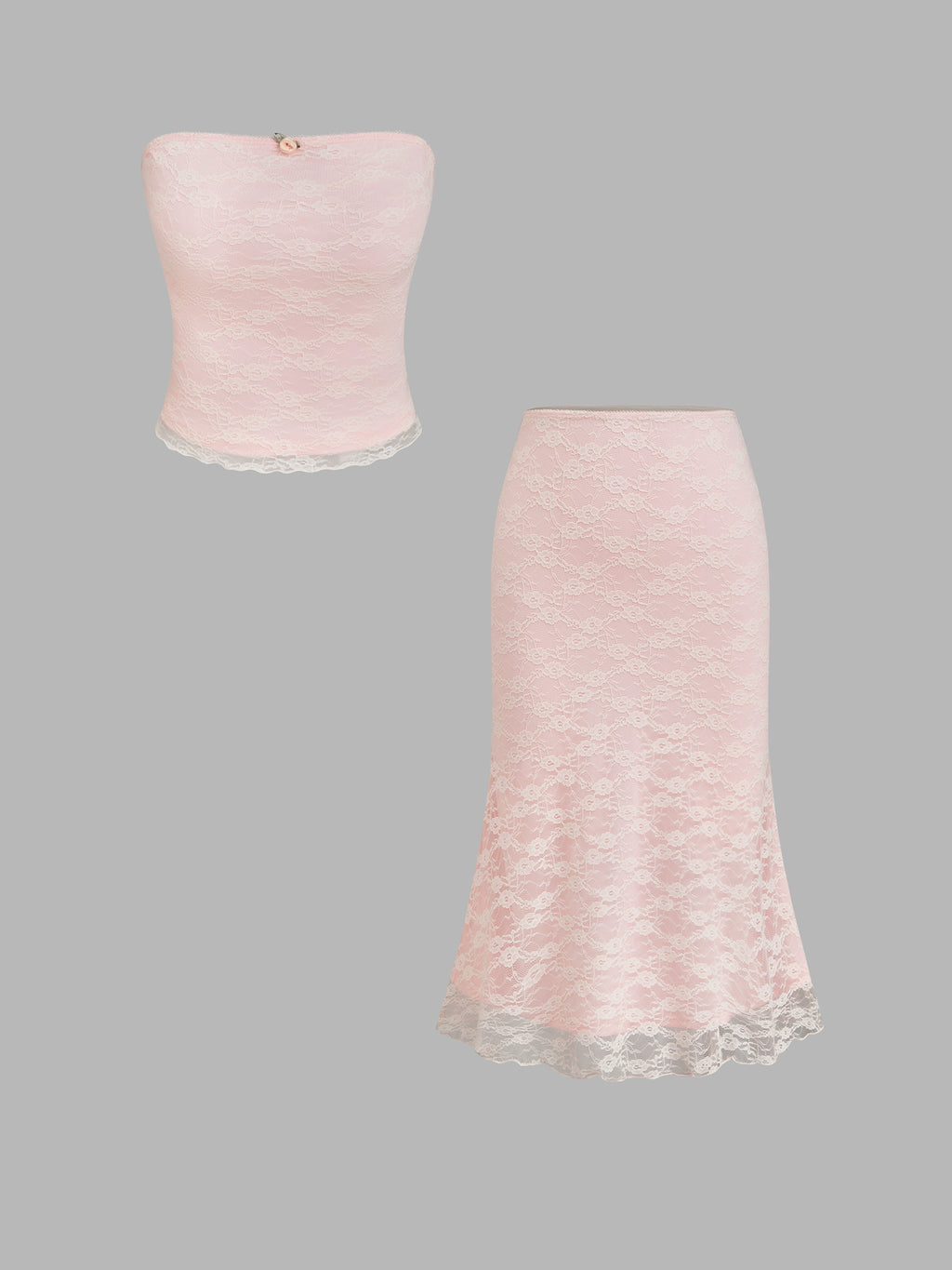 Floral lace bandeau top with mermaid midi skirt set