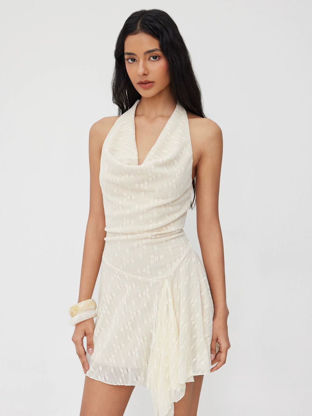 French Style Swing Neck Lace Ruffled Lace Cropped Backless Halterneck Dress